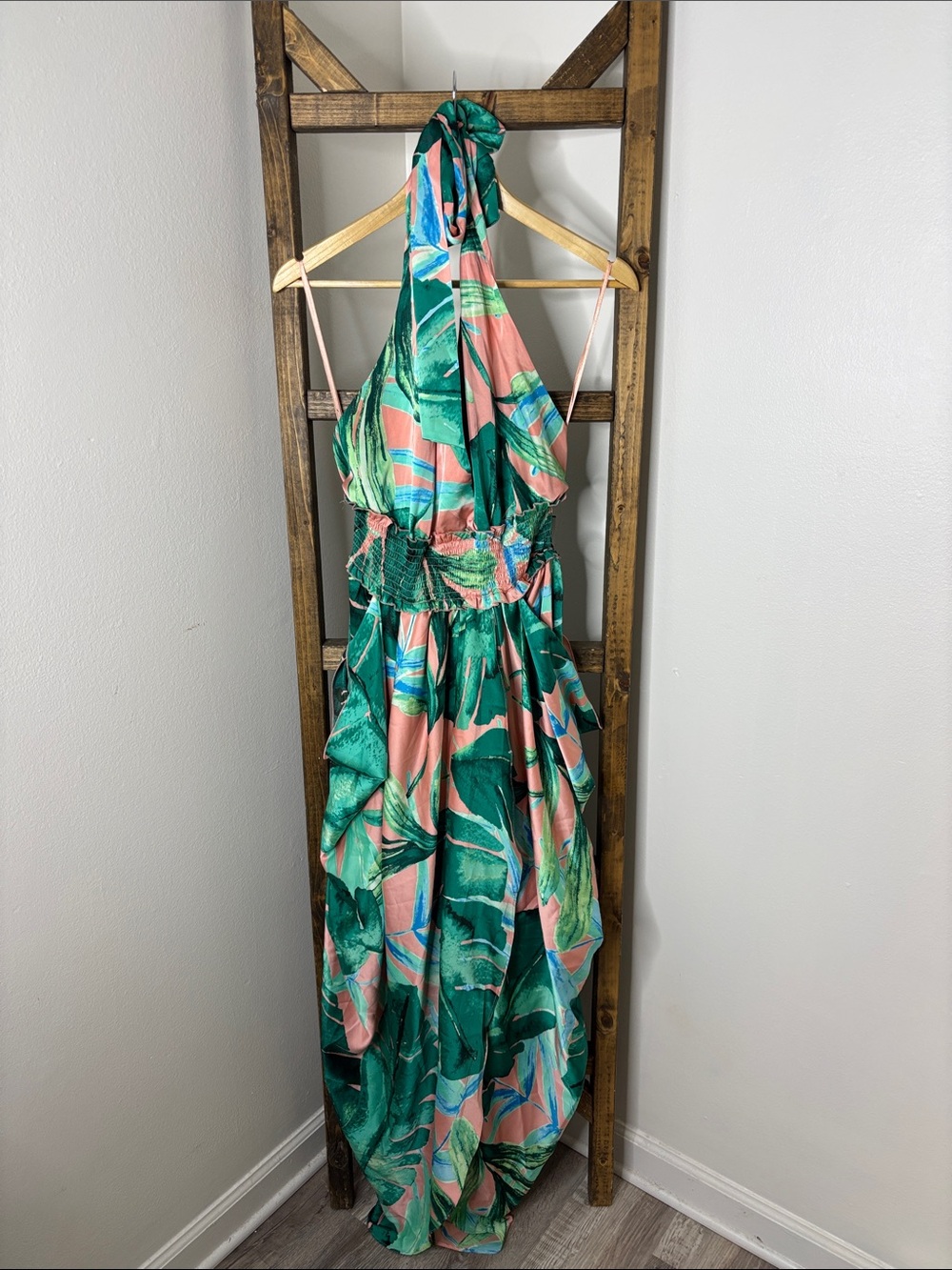 New York & Company Green and Pink Tropical Halter Maxi Dress Size L